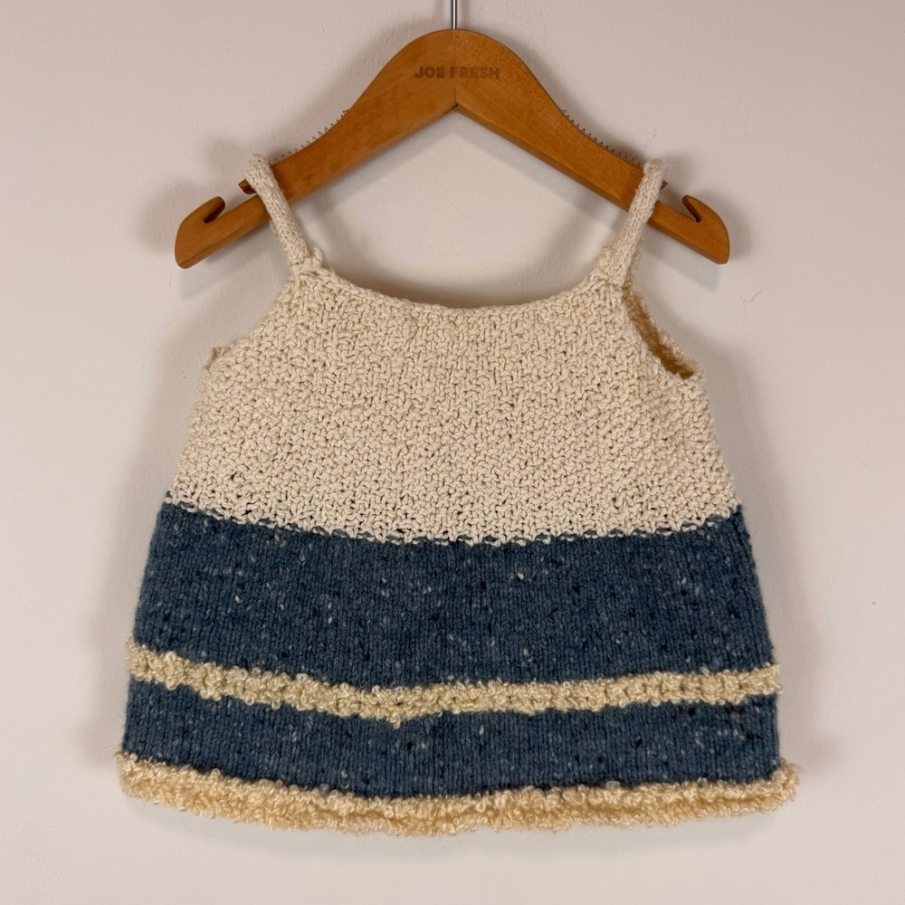 VTG Handmade Knit Baby Dress Cream Blue Speckled Boucle Stripe Sleeveless Tunic